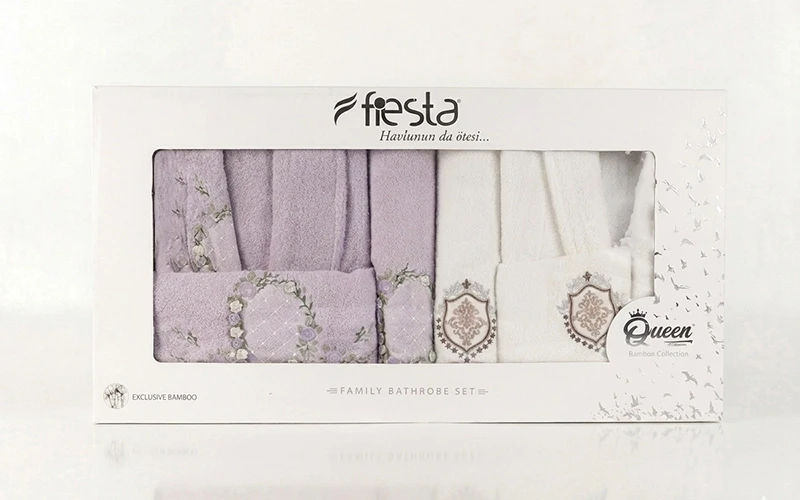 Liza Bambo Embroidered 3D Bathrobe Set 6 PCS - White & Purble