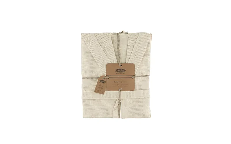 Turkish Unisex Cotton Waffle Bathrobe With Hooded 1 PC - Cream ( S / M )