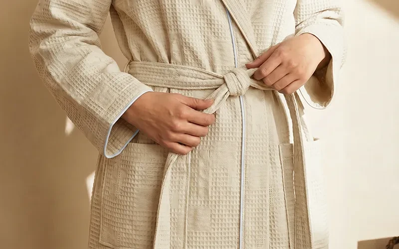 Turkish Unisex Cotton Waffle Bathrobe With Hooded 1 PC - Cream ( S / M )