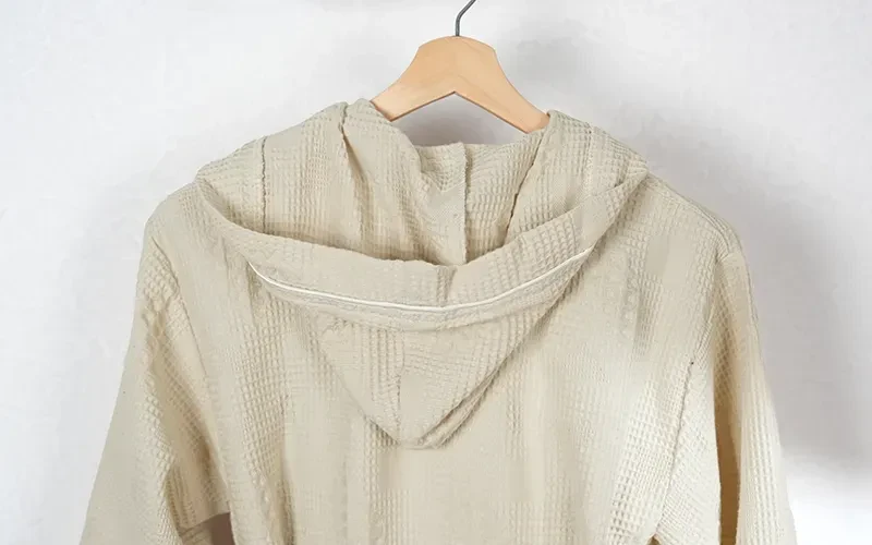 Turkish Unisex Cotton Waffle Bathrobe With Hooded 1 PC - Cream ( S / M )