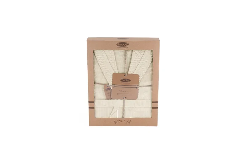 Turkish Unisex Cotton Waffle Bathrobe With Hooded 1 PC - Cream ( S / M )