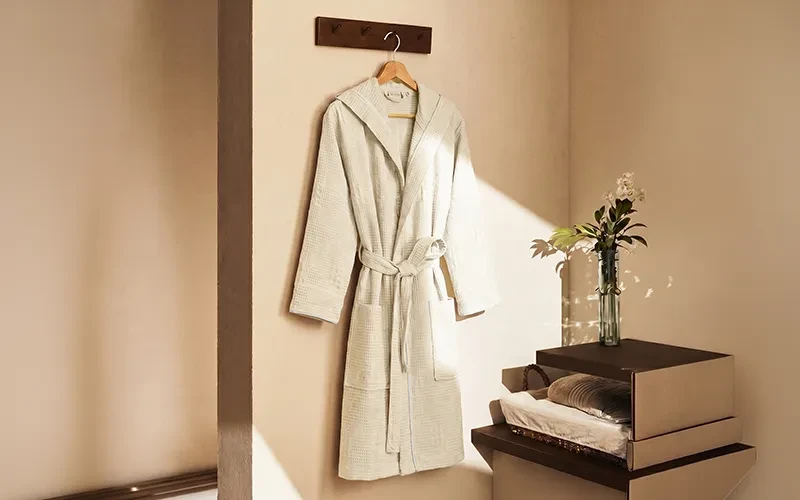 Turkish Unisex Cotton Waffle Bathrobe With Hooded 1 PC - Cream ( S / M )