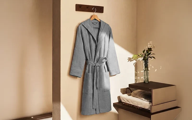 Turkish Unisex Cotton Waffle Bathrobe With Hooded 1 PC - Grey ( L / XL )