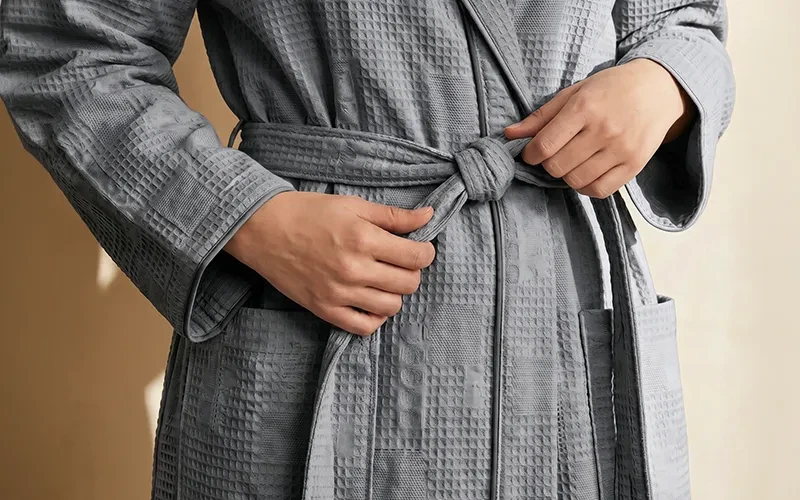 Turkish Unisex Cotton Waffle Bathrobe With Hooded 1 PC - Grey ( L / XL )