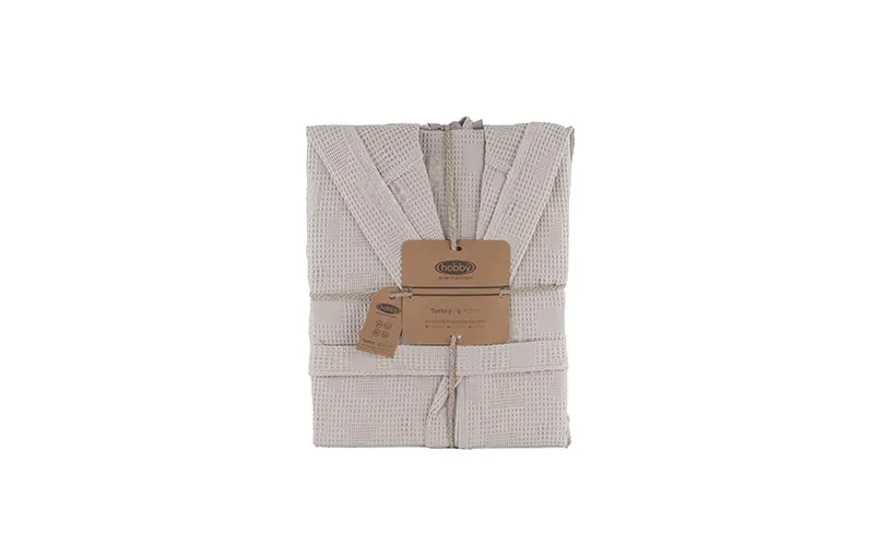 Turkish Unisex Cotton Waffle Bathrobe With Hooded 1 PC - Beige ( L / XL )