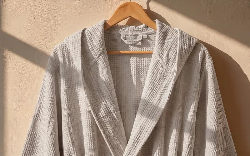 Turkish Unisex Cotton Waffle Bathrobe With Hooded 1 PC - Beige ( S / M )