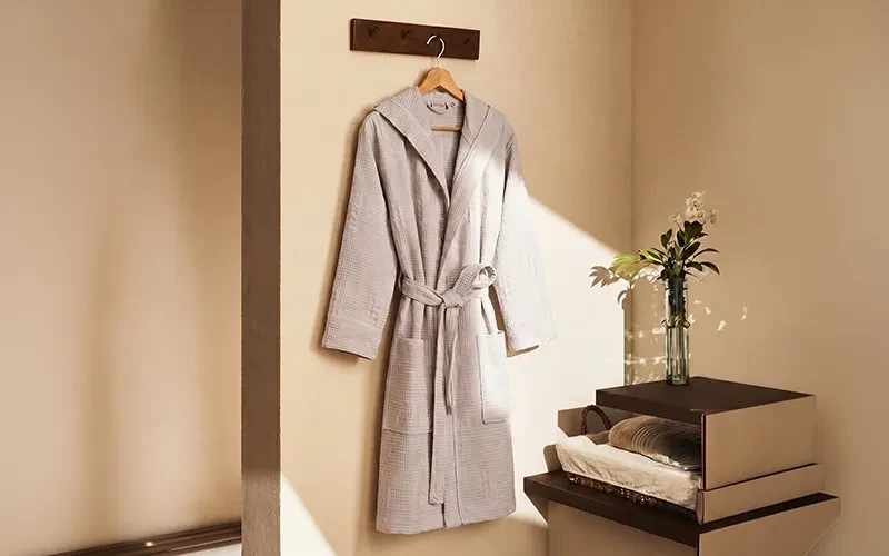Turkish Unisex Cotton Waffle Bathrobe With Hooded 1 PC - Beige ( S / M )
