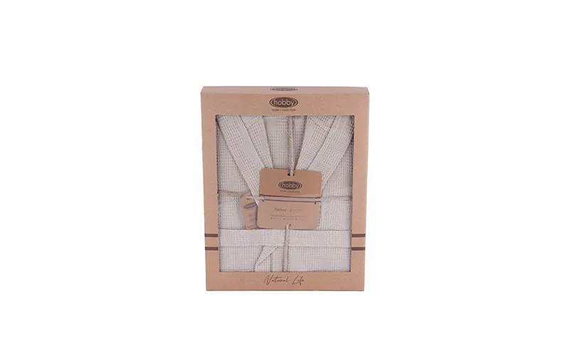 Turkish Unisex Cotton Waffle Bathrobe With Hooded 1 PC - Beige ( S / M )
