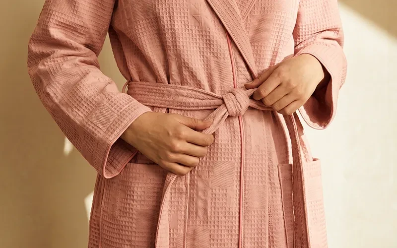 Turkish Unisex Cotton Waffle Bathrobe With Hooded 1 PC - Pudra ( S / M )