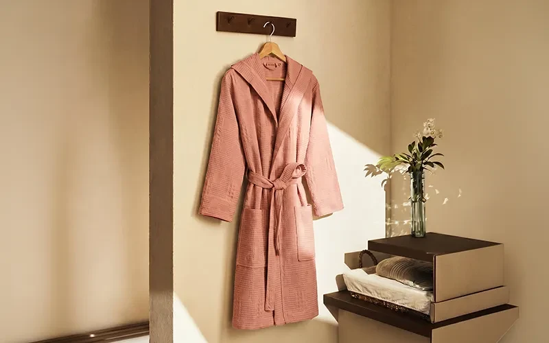 Turkish Unisex Cotton Waffle Bathrobe With Hooded 1 PC - Pudra ( L / XL )