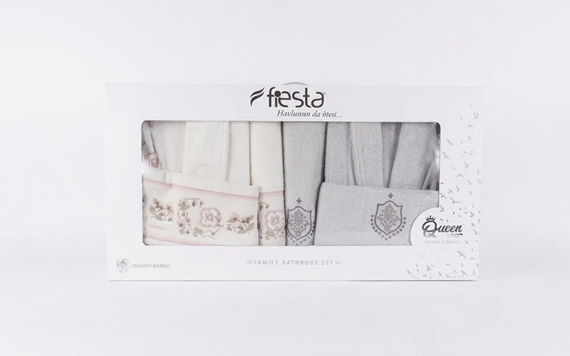 Define Bambo Embroidered 3D Bathrobe Set 6 PCS - Cream & Grey
