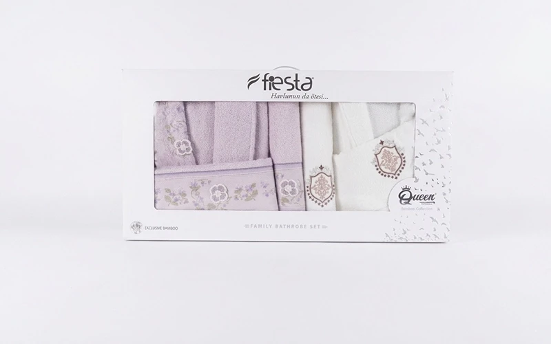 Define Bambo Embroidered 3D Bathrobe Set 6 PCS - Cream & Purple