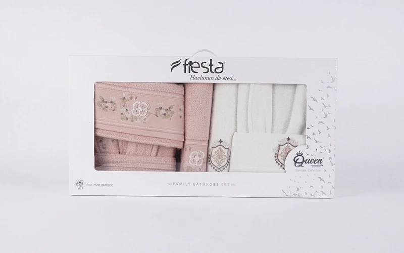 Define Bambo Embroidered 3D Bathrobe Set 6 PCS - Cream & Peach
