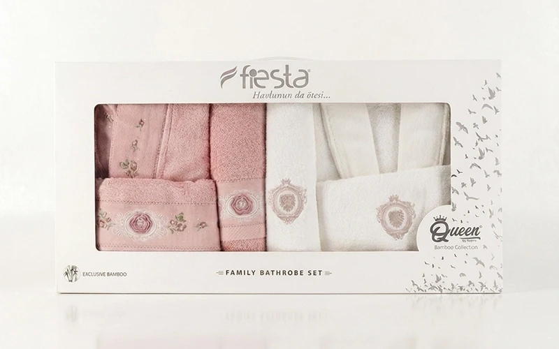 Duygu Bambo Embroidered 3D Bathrobe Set 6 PCS - Cream & Peach