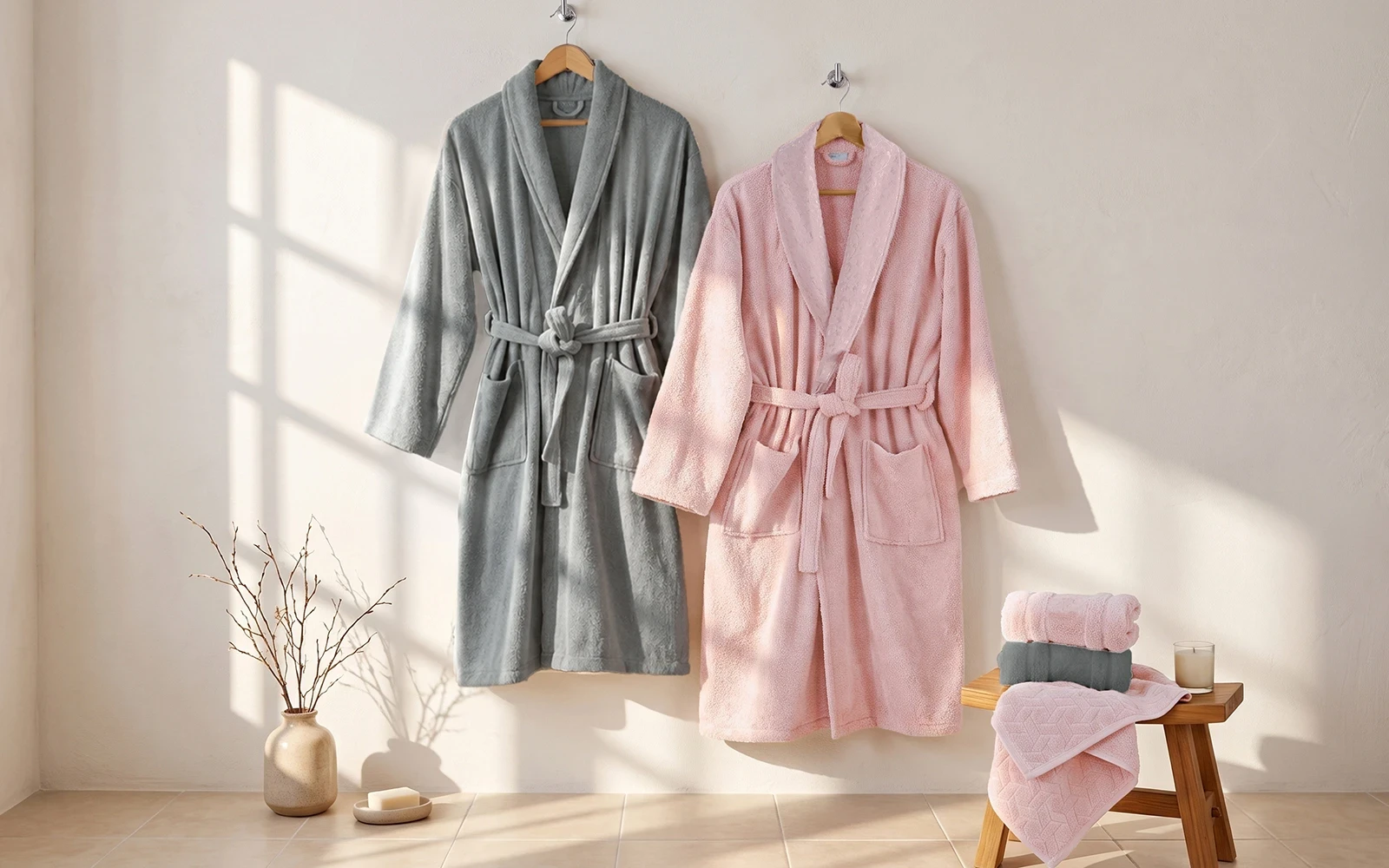 Fiesta Unisex Fashion Cotton Jacquard Boucel Bathrobe Set 5 PCS - Pink & D.Grey