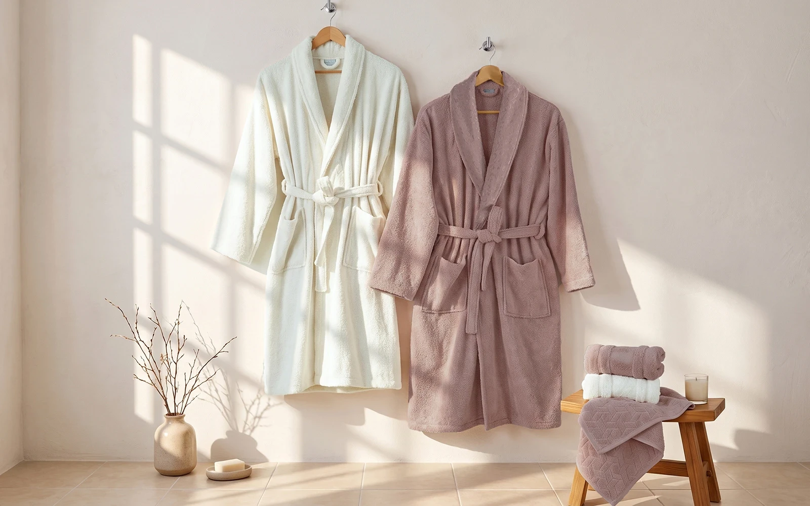Fiesta Unisex Fashion Cotton Jacquard Boucel Bathrobe Set 5 PCS - Cream & D.Pink
