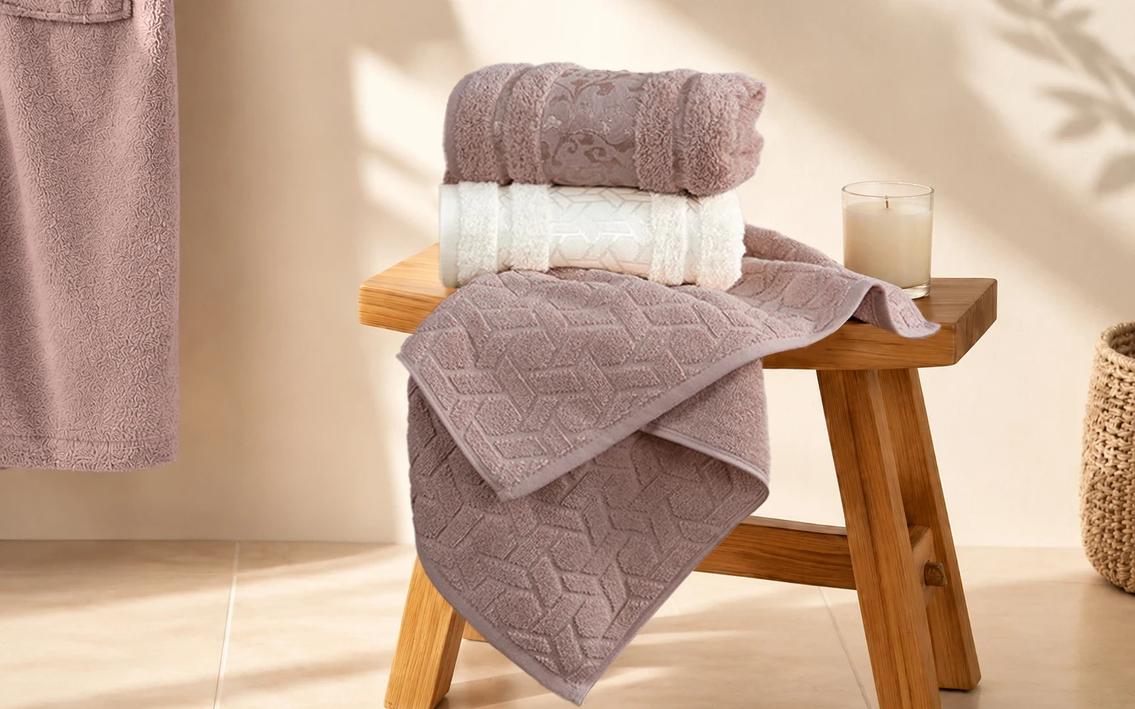 Fiesta Unisex Fashion Cotton Jacquard Boucel Bathrobe Set 5 PCS - Cream & D.Pink