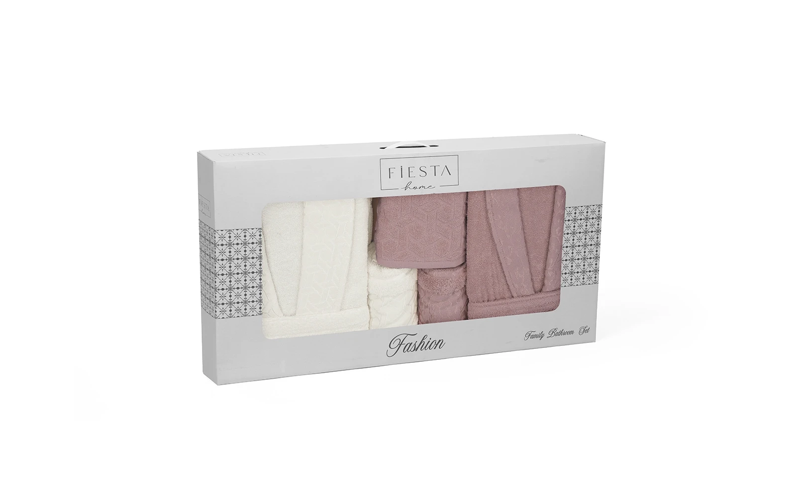 Fiesta Unisex Fashion Cotton Jacquard Boucel Bathrobe Set 5 PCS - Cream & D.Pink