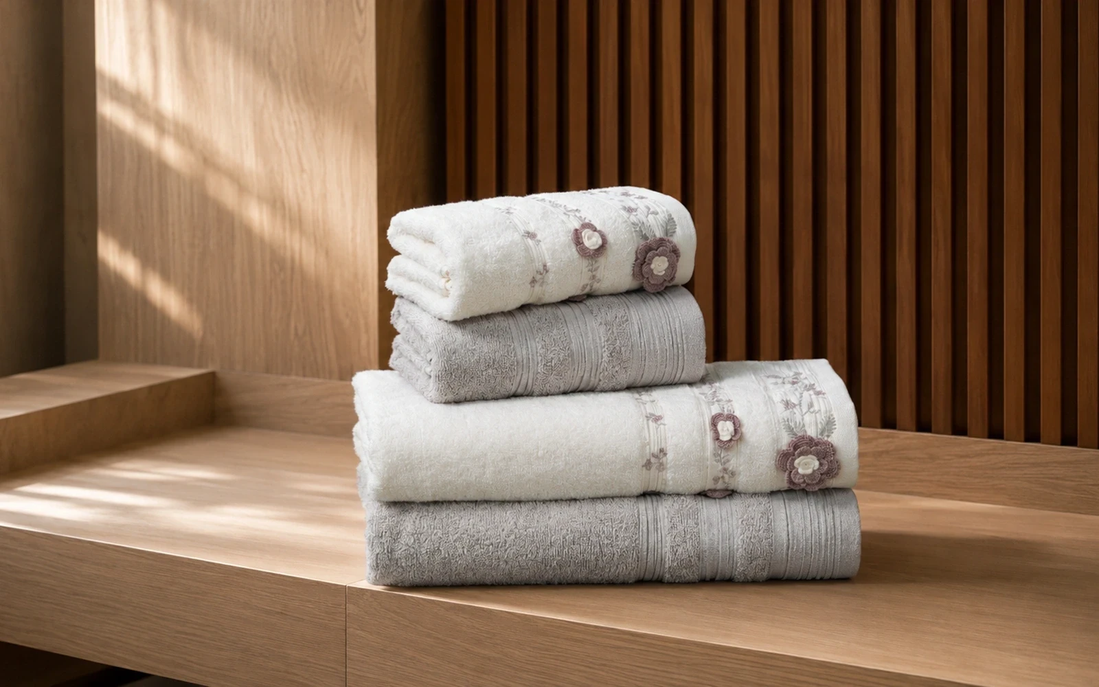 Fiesta Unisex Luxury Cotton Embroidered 3D Bathrobe Set 6 PCS - Cream & Grey