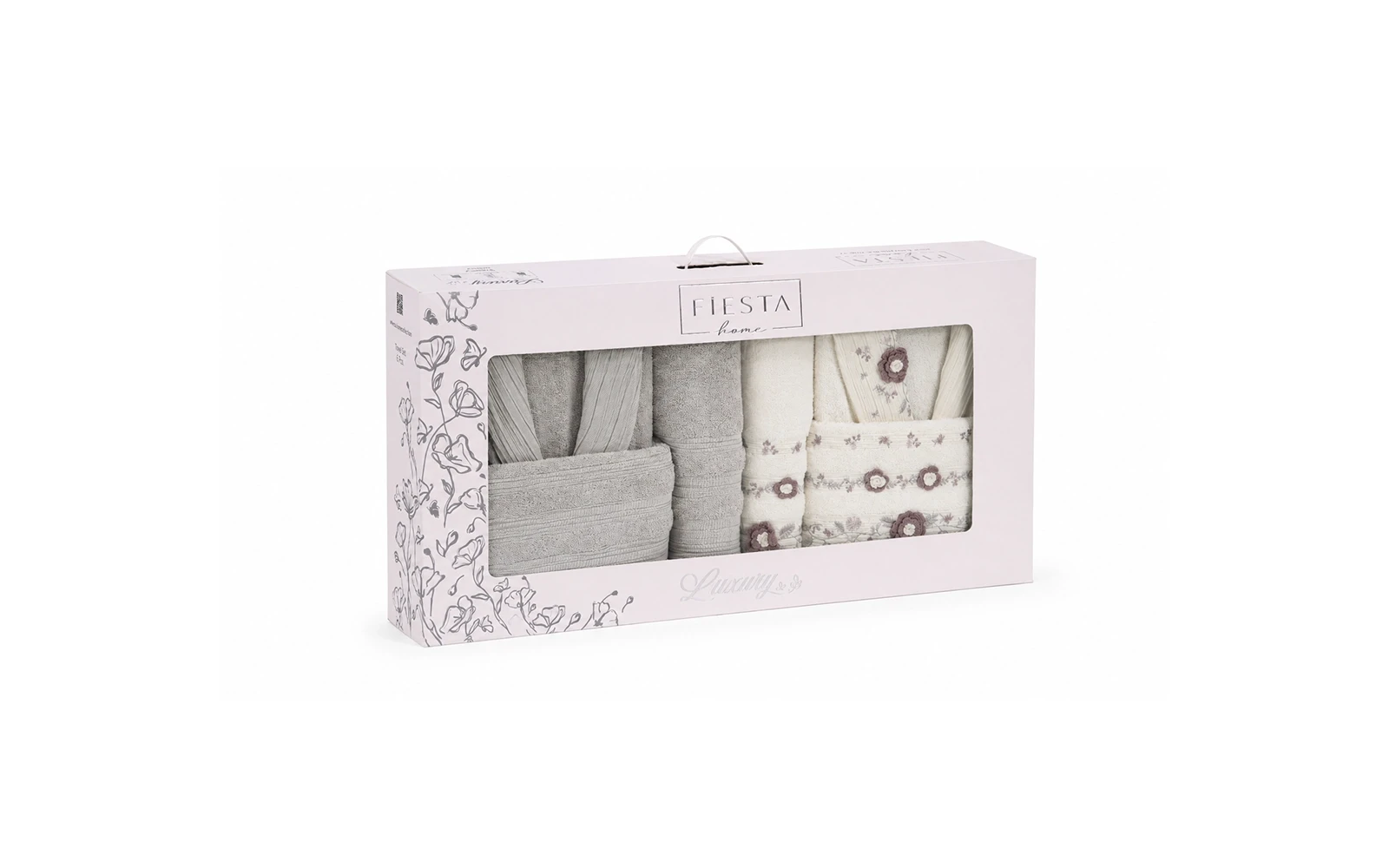 Fiesta Unisex Luxury Cotton Embroidered 3D Bathrobe Set 6 PCS - Cream & Grey