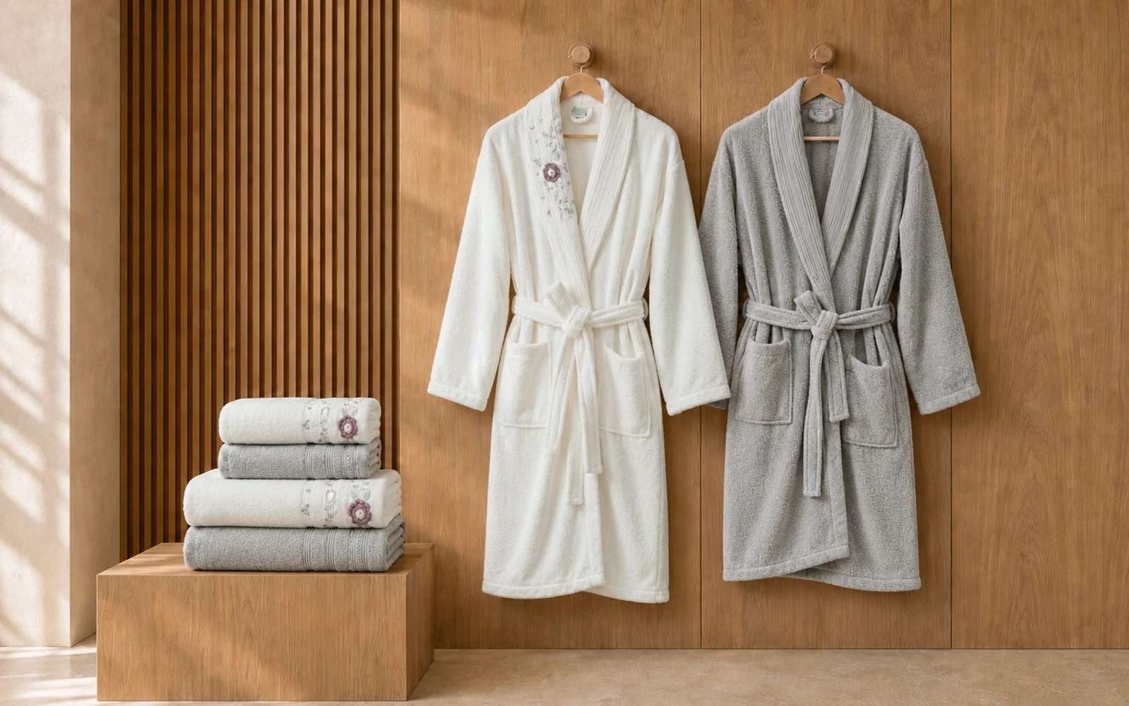 Fiesta Unisex Luxury Cotton Embroidered 3D Bathrobe Set 6 PCS - Cream & Grey