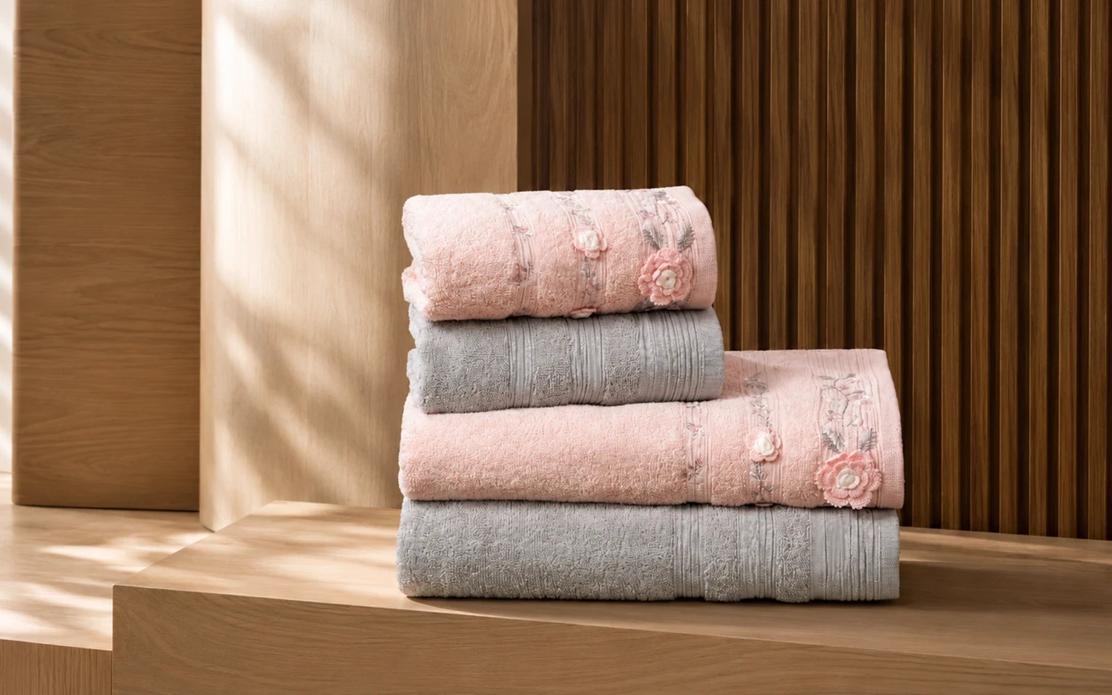 Fiesta Unisex Luxury Cotton Embroidered 3D Bathrobe Set 6 PCS - Peach & Grey