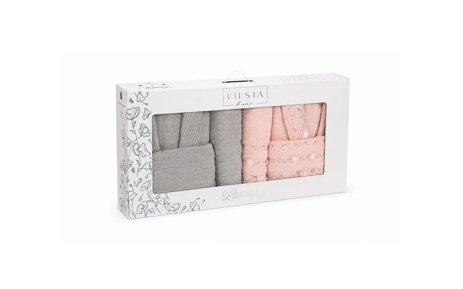 Fiesta Unisex Luxury Cotton Embroidered 3D Bathrobe Set 6 PCS - Peach & Grey