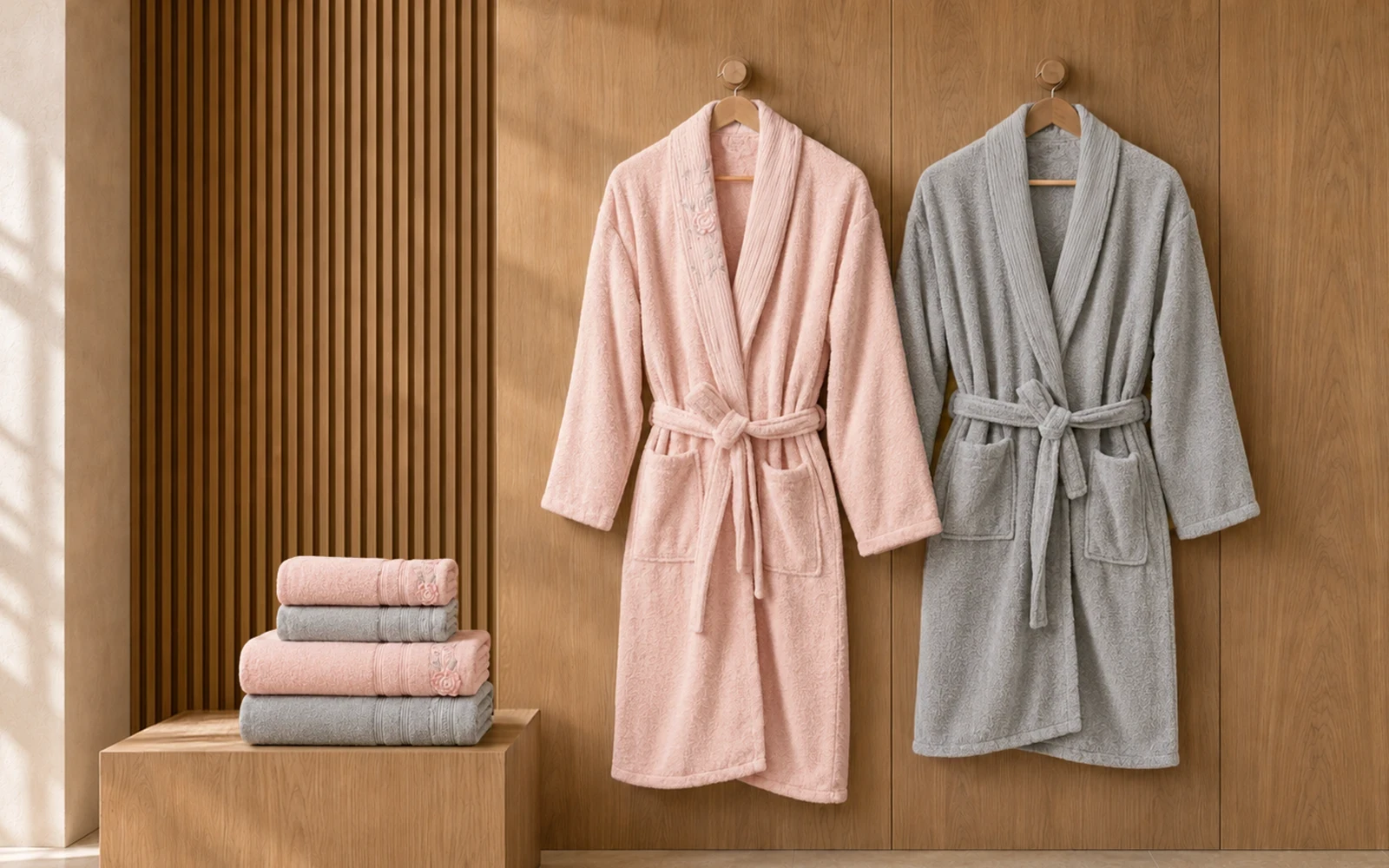 Fiesta Unisex Luxury Cotton Embroidered 3D Bathrobe Set 6 PCS - Peach & Grey