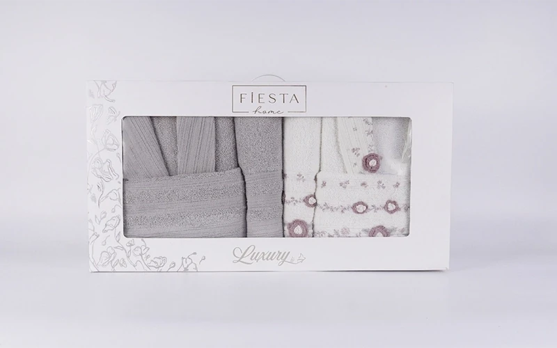 Luxury Cotton Embroidered Handcrafted Bathrobe Set 6 PCS - Cream & L.Grey