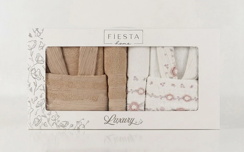 Luxury Cotton Embroidered Handcrafted Bathrobe Set 6 PCS - Cream & Beige