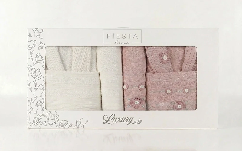 Luxury Cotton Embroidered Handcrafted Bathrobe Set 6 PCS - Cream & Peach
