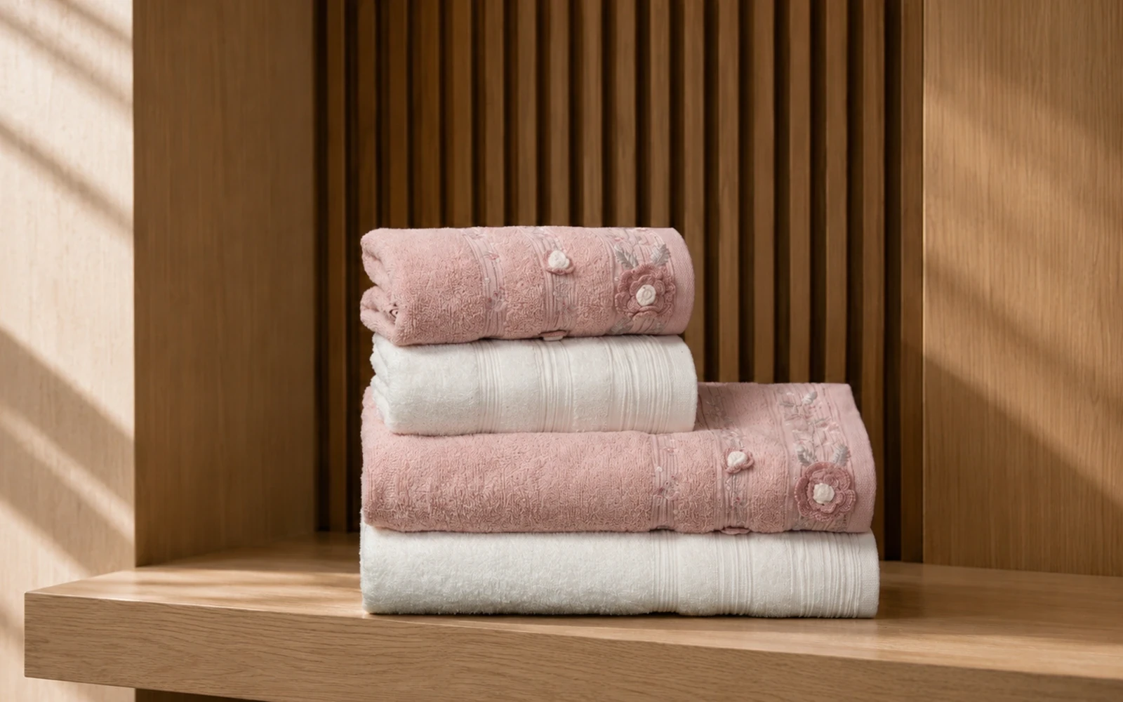 Fiesta Unisex Luxury Cotton Embroidered 3D Bathrobe Set 6 PCS - Cream & Pink