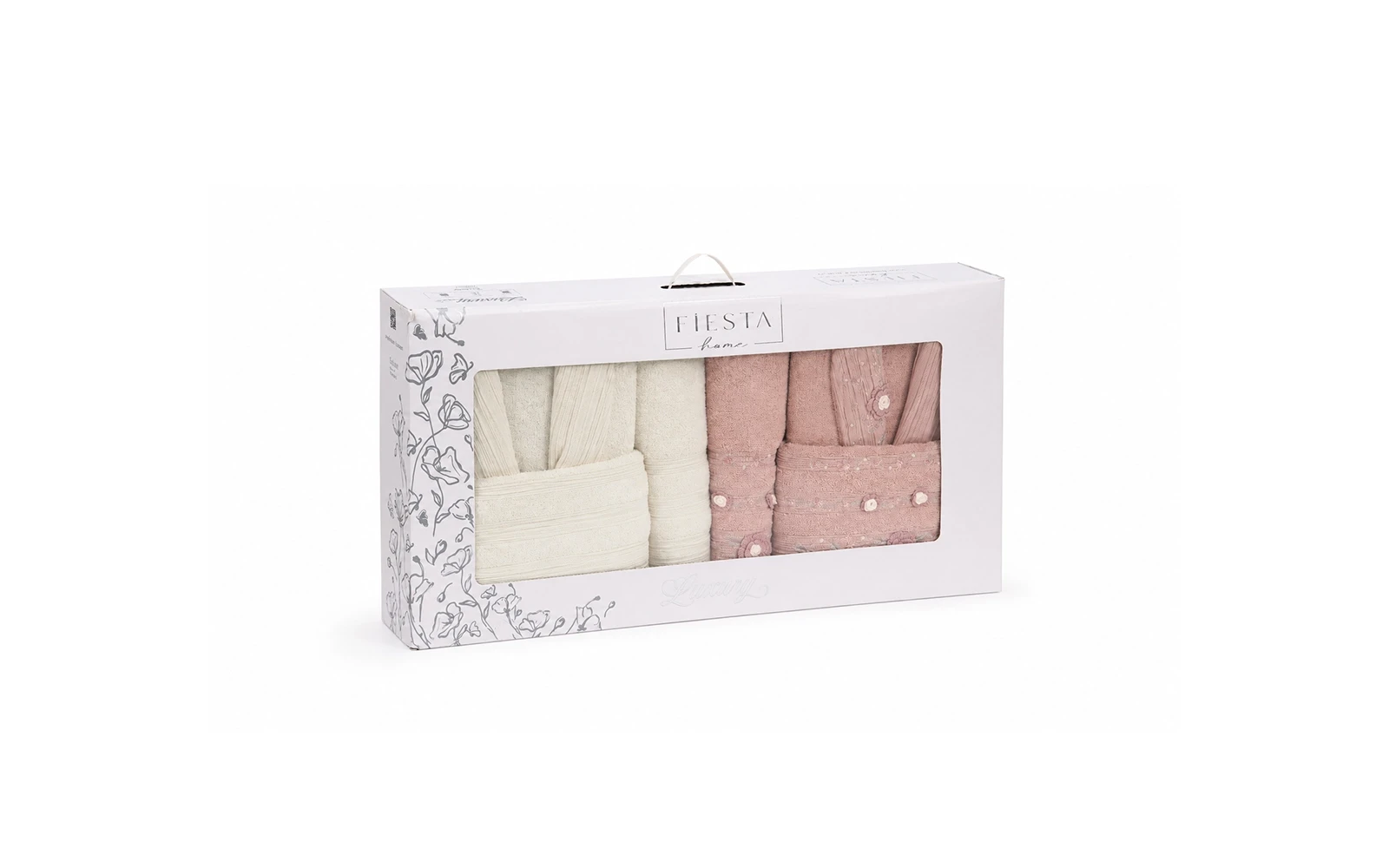 Fiesta Unisex Luxury Cotton Embroidered 3D Bathrobe Set 6 PCS - Cream & Pink