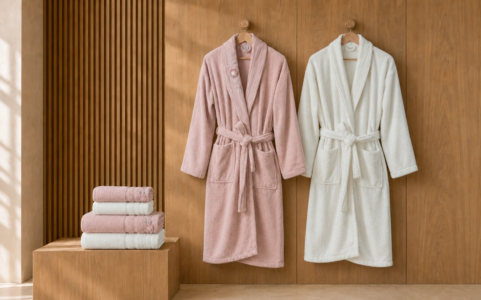 Fiesta Unisex Luxury Cotton Embroidered 3D Bathrobe Set 6 PCS - Cream & Pink