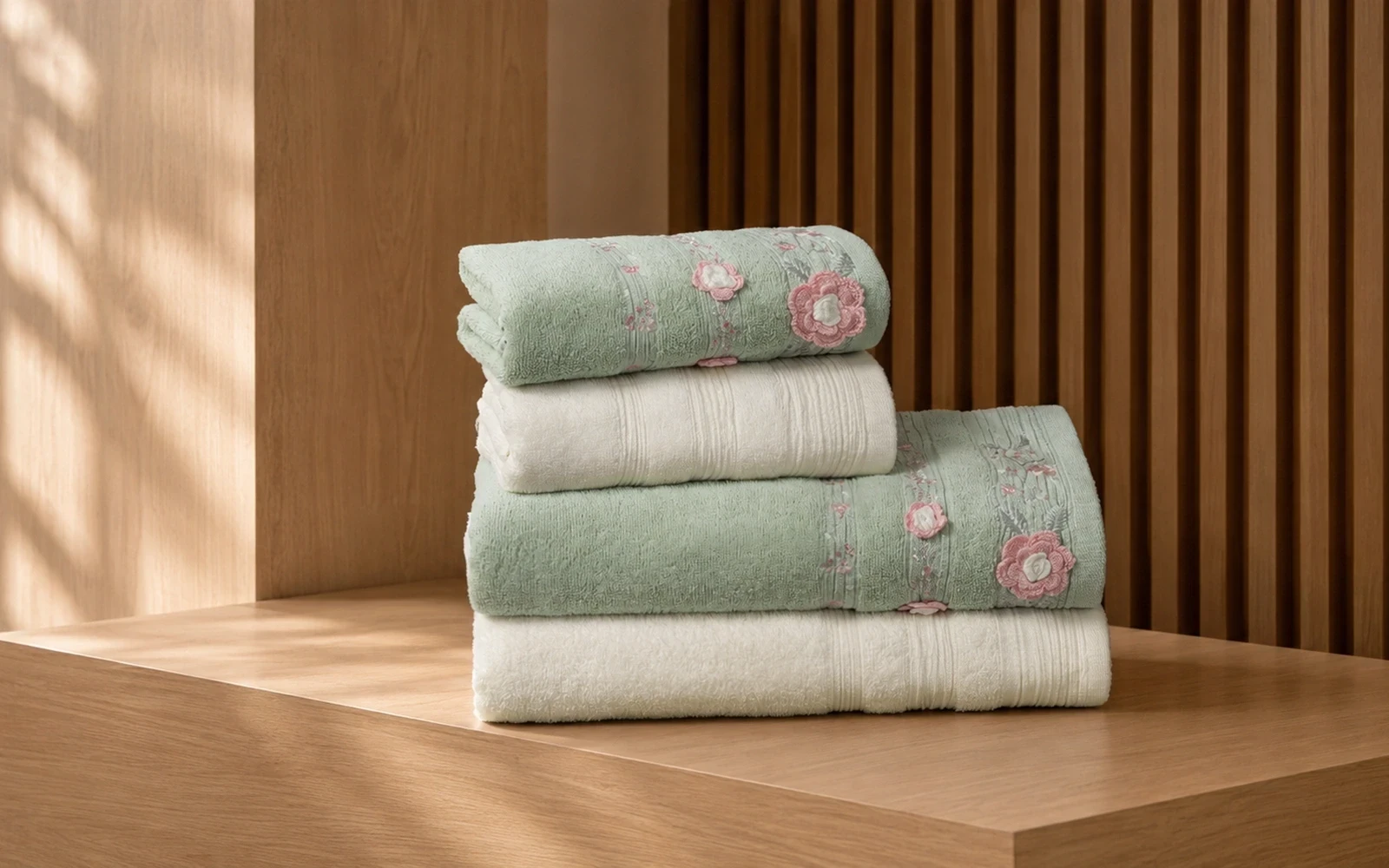 Fiesta Unisex Luxury Cotton Embroidered 3D Bathrobe Set 6 PCS - Cream & L.Green