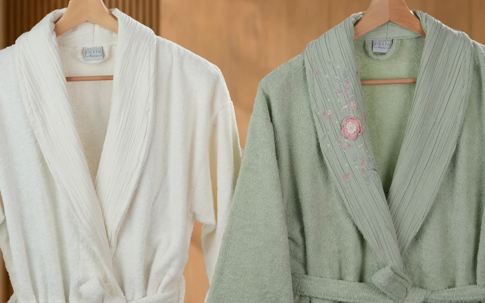 Fiesta Unisex Luxury Cotton Embroidered 3D Bathrobe Set 6 PCS - Cream & L.Green