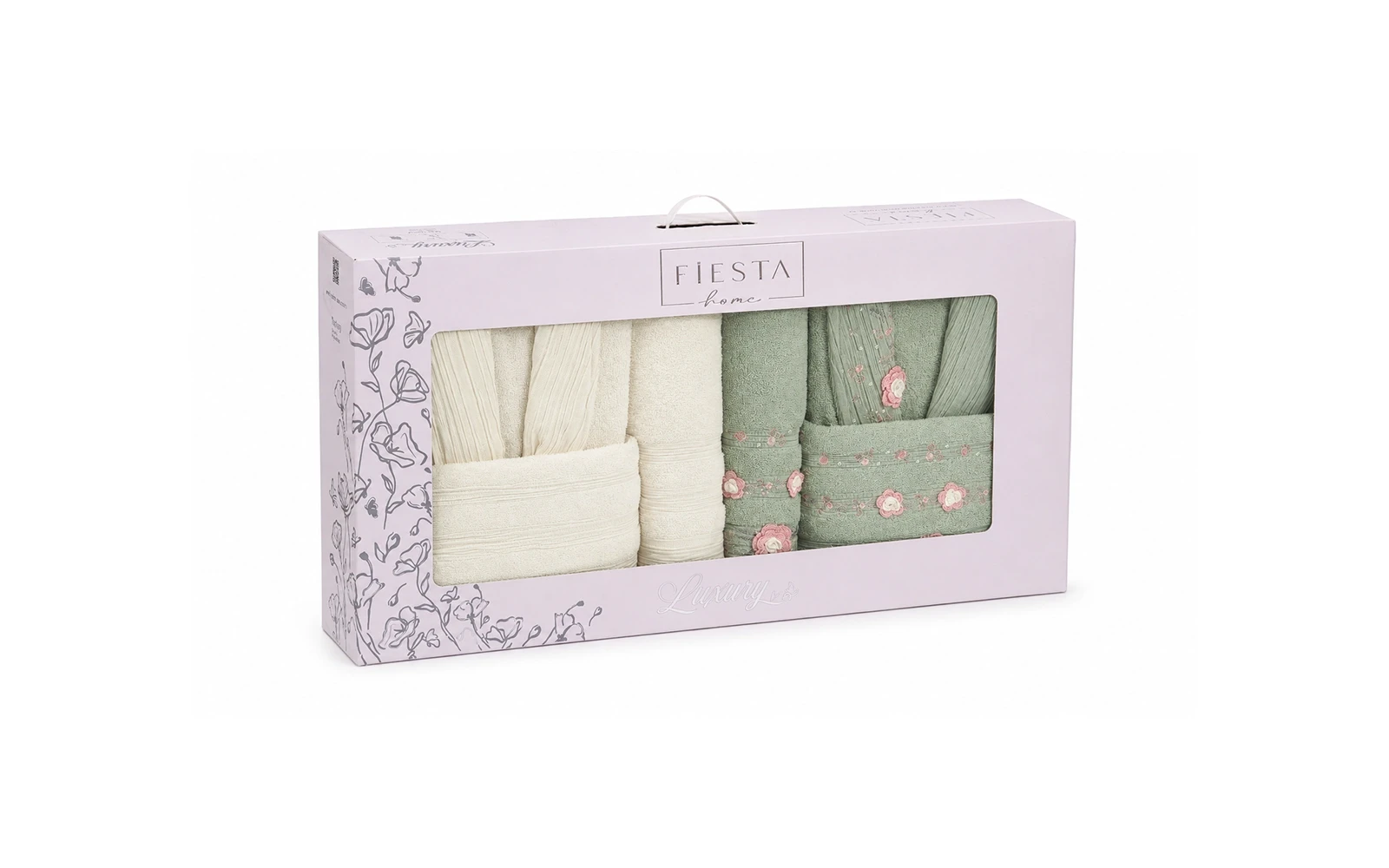 Fiesta Unisex Luxury Cotton Embroidered 3D Bathrobe Set 6 PCS - Cream & L.Green