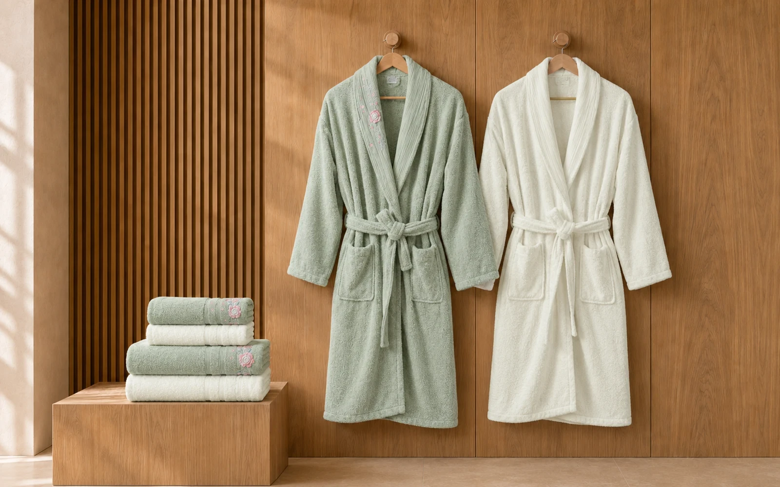 Fiesta Unisex Luxury Cotton Embroidered 3D Bathrobe Set 6 PCS - Cream & L.Green