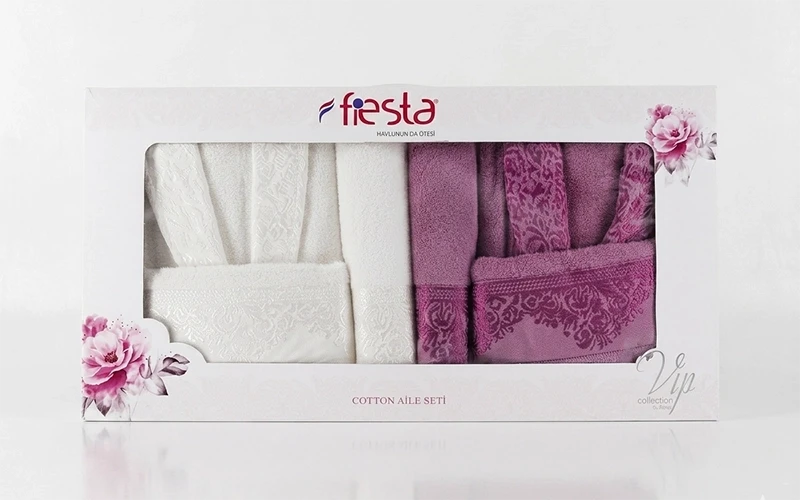 Premium Cotton Jacquard Boucel Bathrobe Set 6 PCS - Cream & Purple