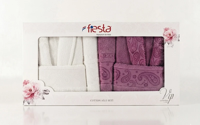 Premium Cotton Jacquard Boucel Bathrobe Set 6 PCS - Cream & Purple