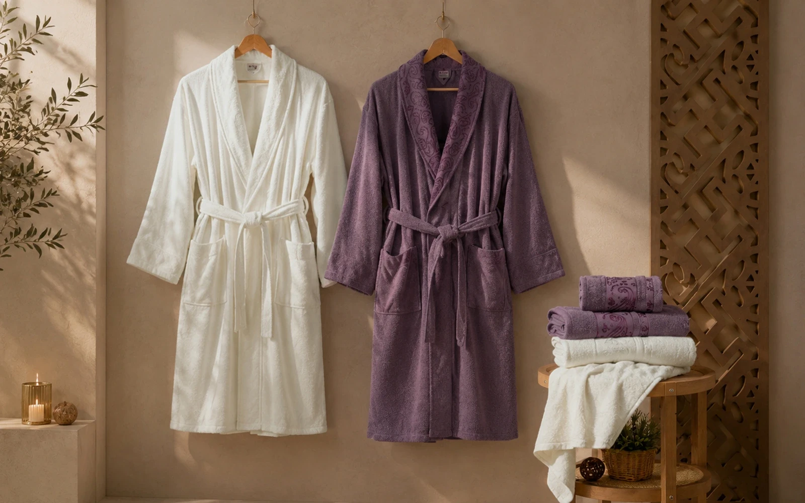 Fiesta Unisex Premium Cotton Jacquard Boucel Bathrobe Set 6 PCS - Cream & Purple