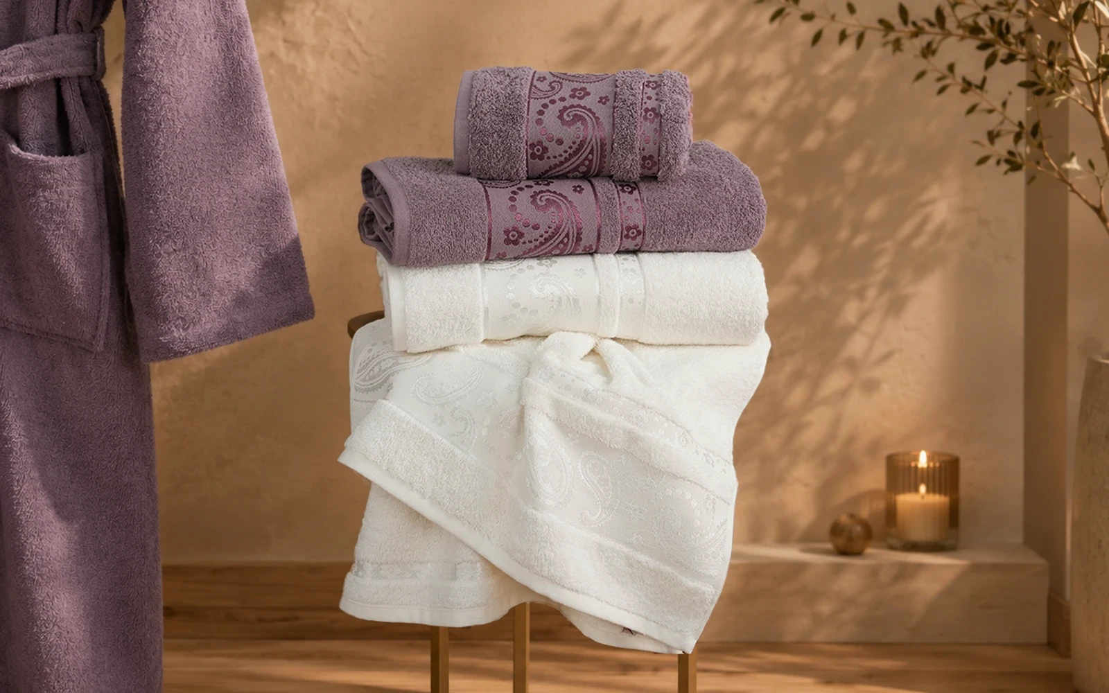 Fiesta Unisex Premium Cotton Jacquard Boucel Bathrobe Set 6 PCS - Cream & Purple
