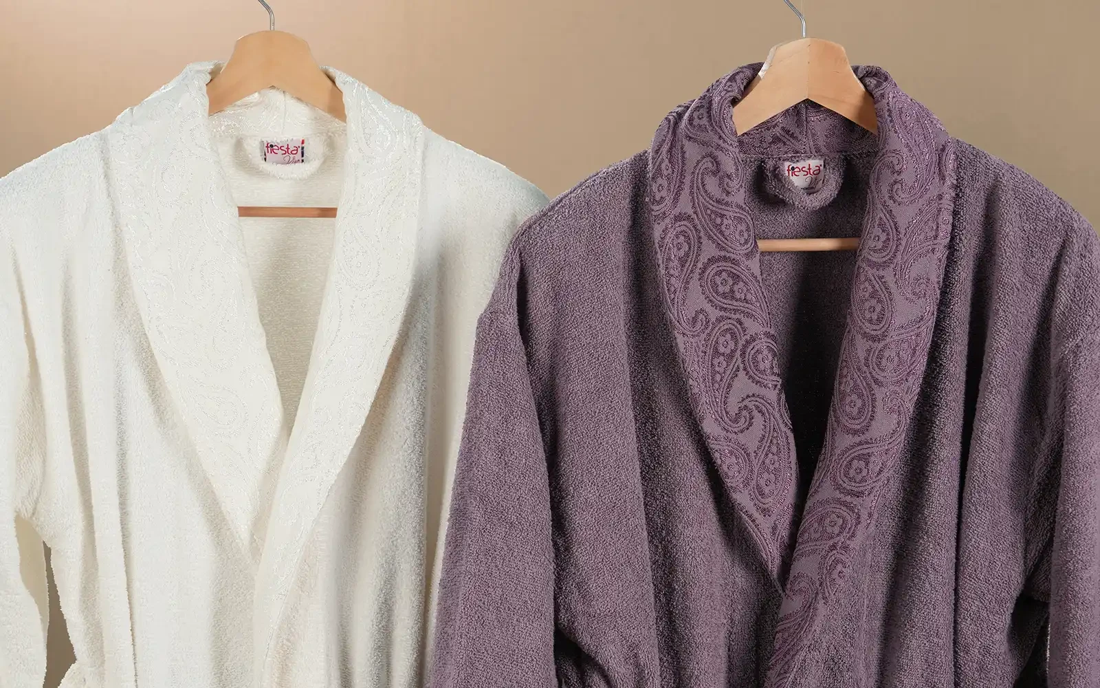 Fiesta Unisex Premium Cotton Jacquard Boucel Bathrobe Set 6 PCS - Cream & Purple