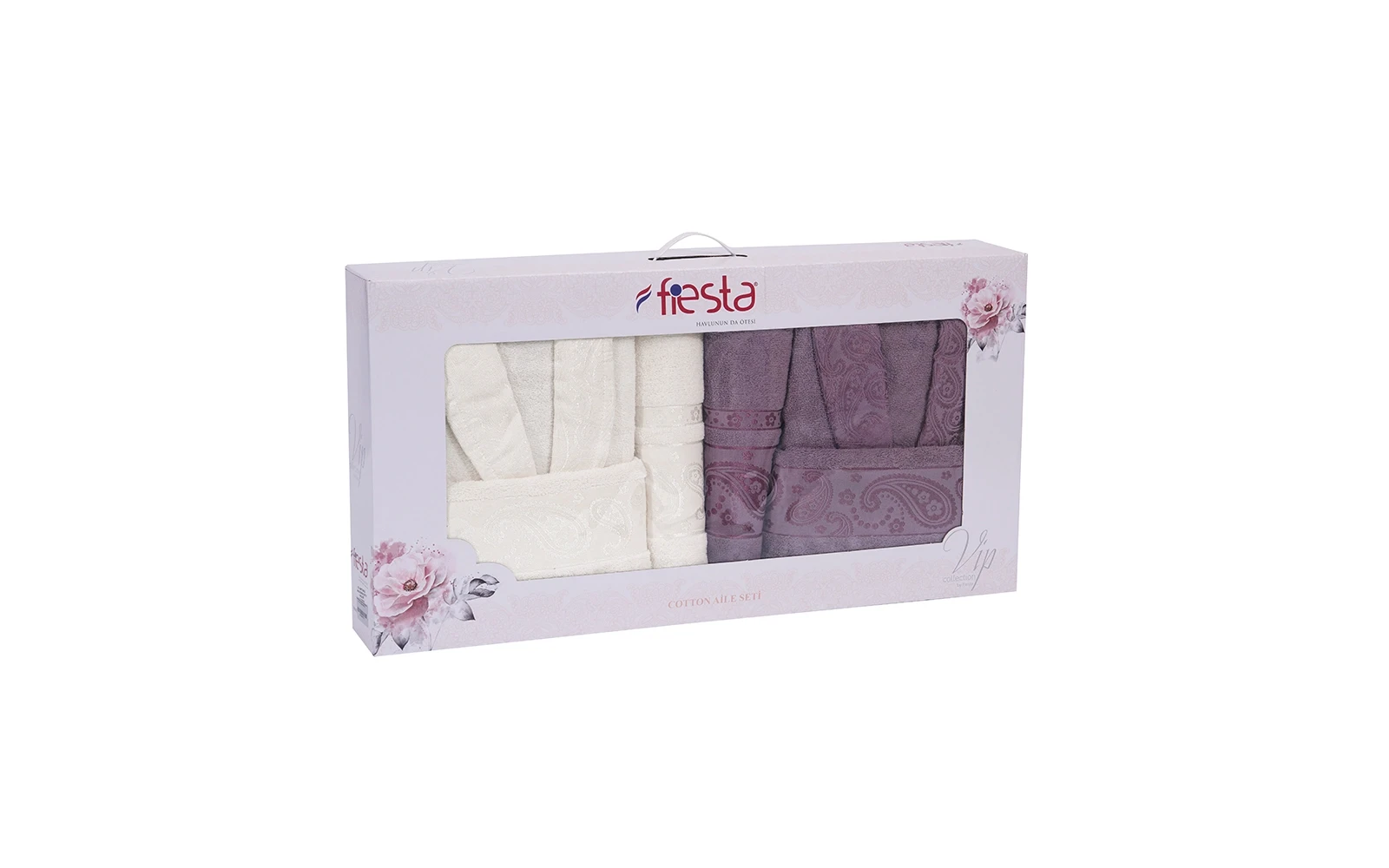 Fiesta Unisex Premium Cotton Jacquard Boucel Bathrobe Set 6 PCS - Cream & Purple