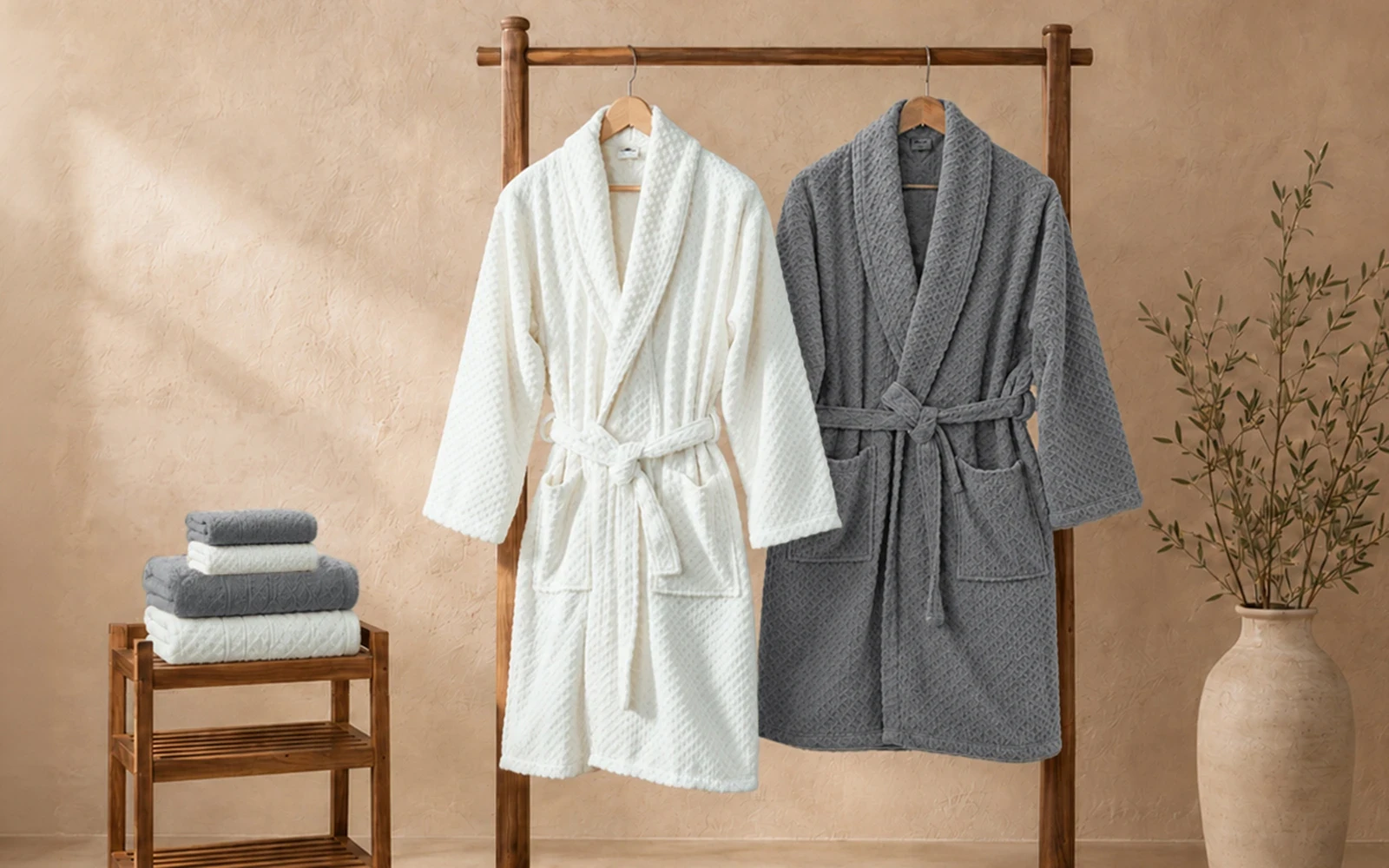 Fiesta Unisex Elite Cotton Boucel Bathrobe Set 6 PCS - Cream & Grey