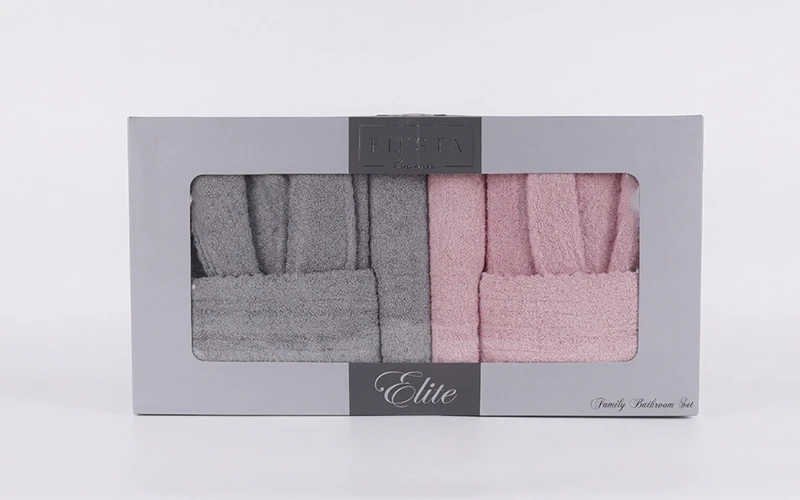 Elite Cotton Jacquard Boucel Bathrobe Set 6 PCS - D.Grey & Peach