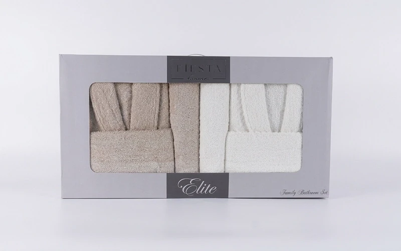 Elite Cotton Jacquard Boucel Bathrobe Set 6 PCS - Cream & Beige