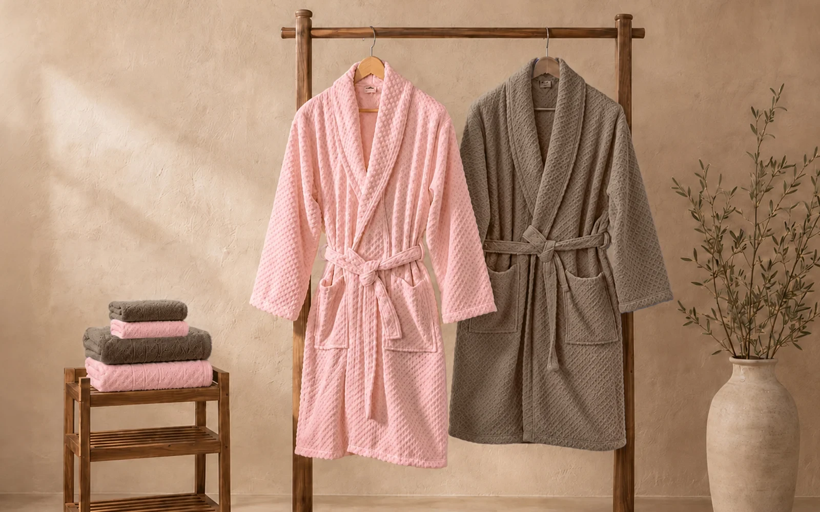 Fiesta Unisex Elite Cotton Boucel Bathrobe Set 6 PCS - Brown & Pink