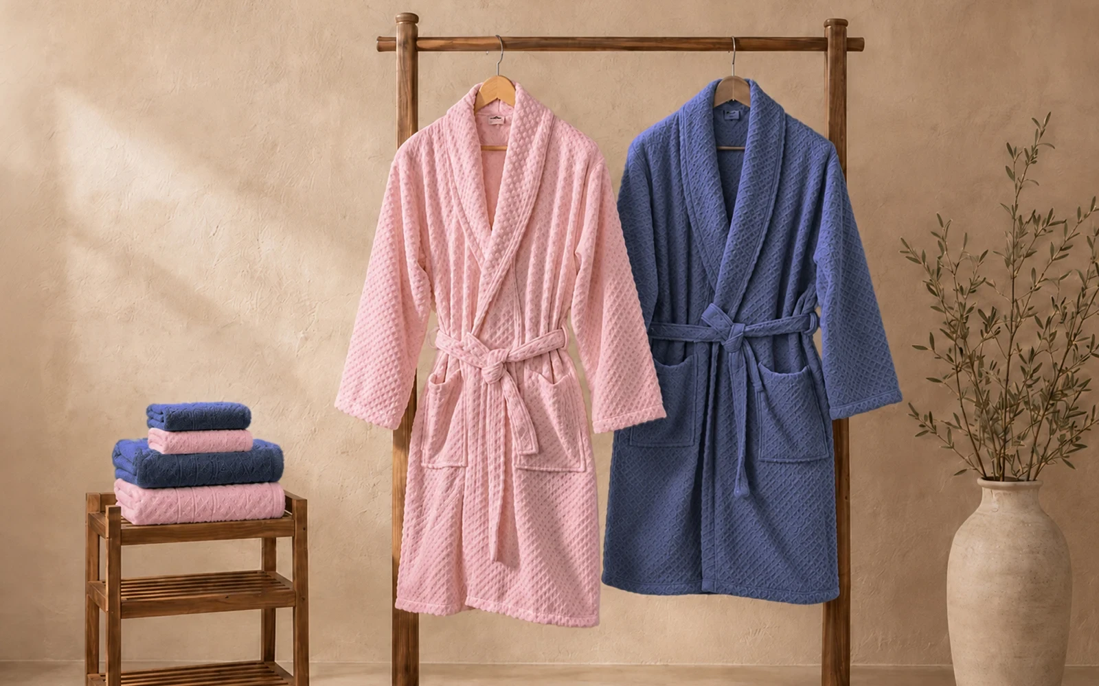 Fiesta Unisex Elite Cotton Boucel Bathrobe Set 6 PCS - Navy & Pink