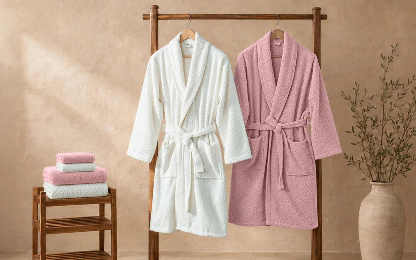 Fiesta Unisex Elite Cotton Boucel Bathrobe Set 6 PCS - Cream & Pink